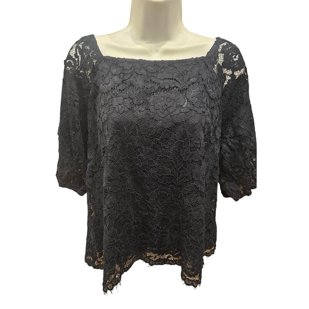 Nanette Lepore Top L whimsigoth Black Lace Blouse Lined stretch coquette EUC